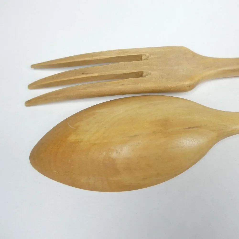 Wooden Salad Serving Set Fork & Spoon Silver Overlay Filigree Handle Vintage MCM